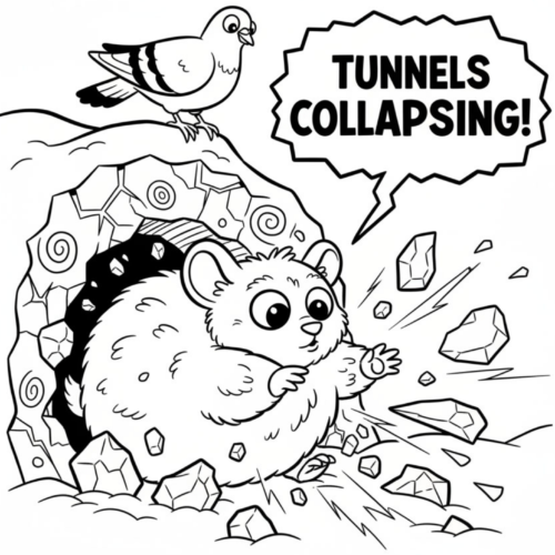 Fluffy Lemming Bursting From Snowy Tunnel Coloring Page (Free Printable