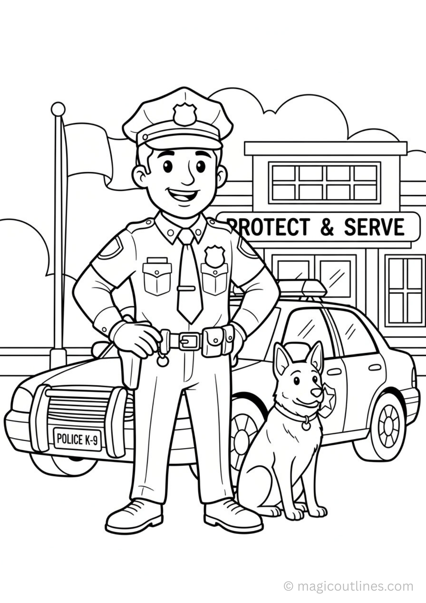 police officer coloring page with police car and k9 dog