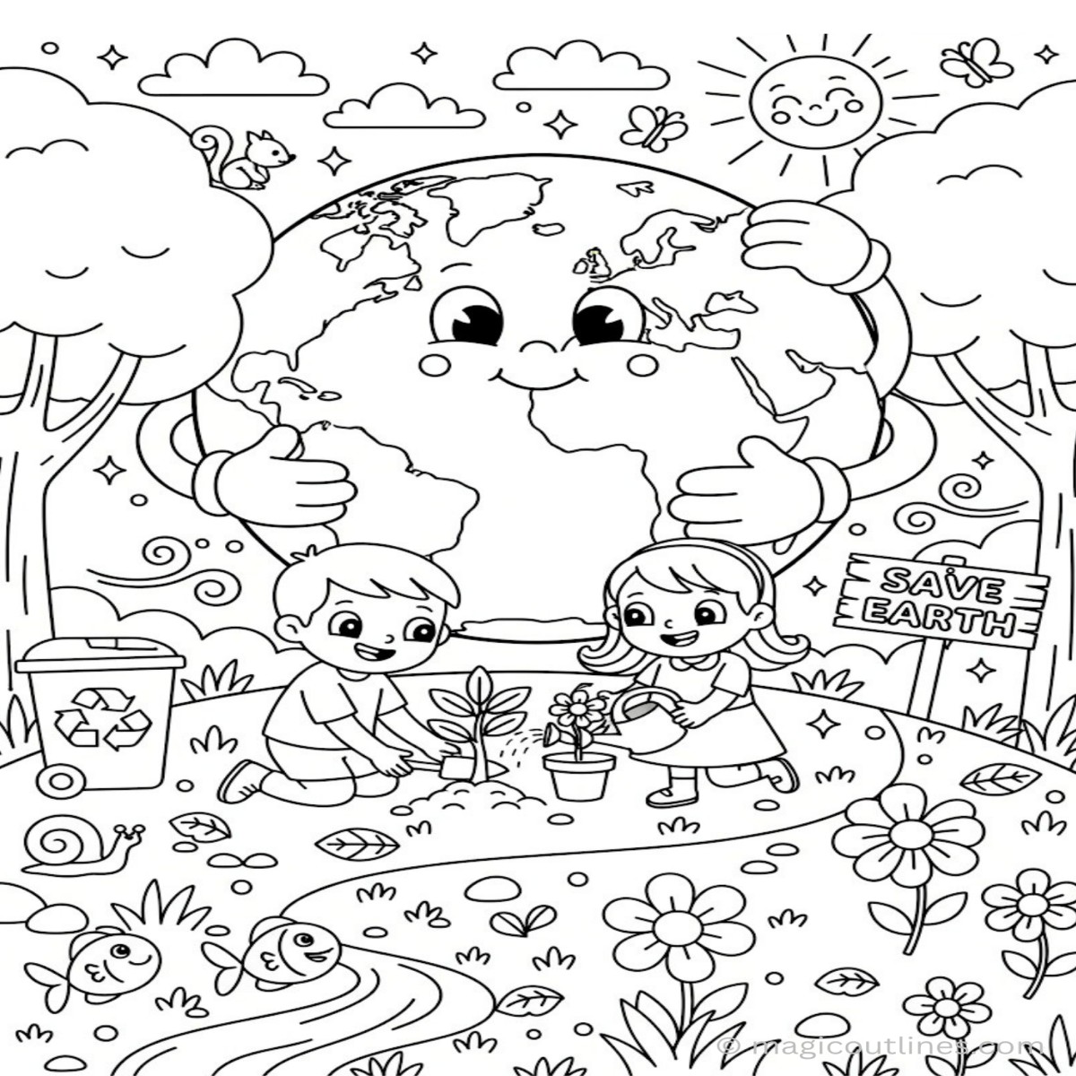 World Environment Day Coloring Page with kids planting trees and Save Earth theme