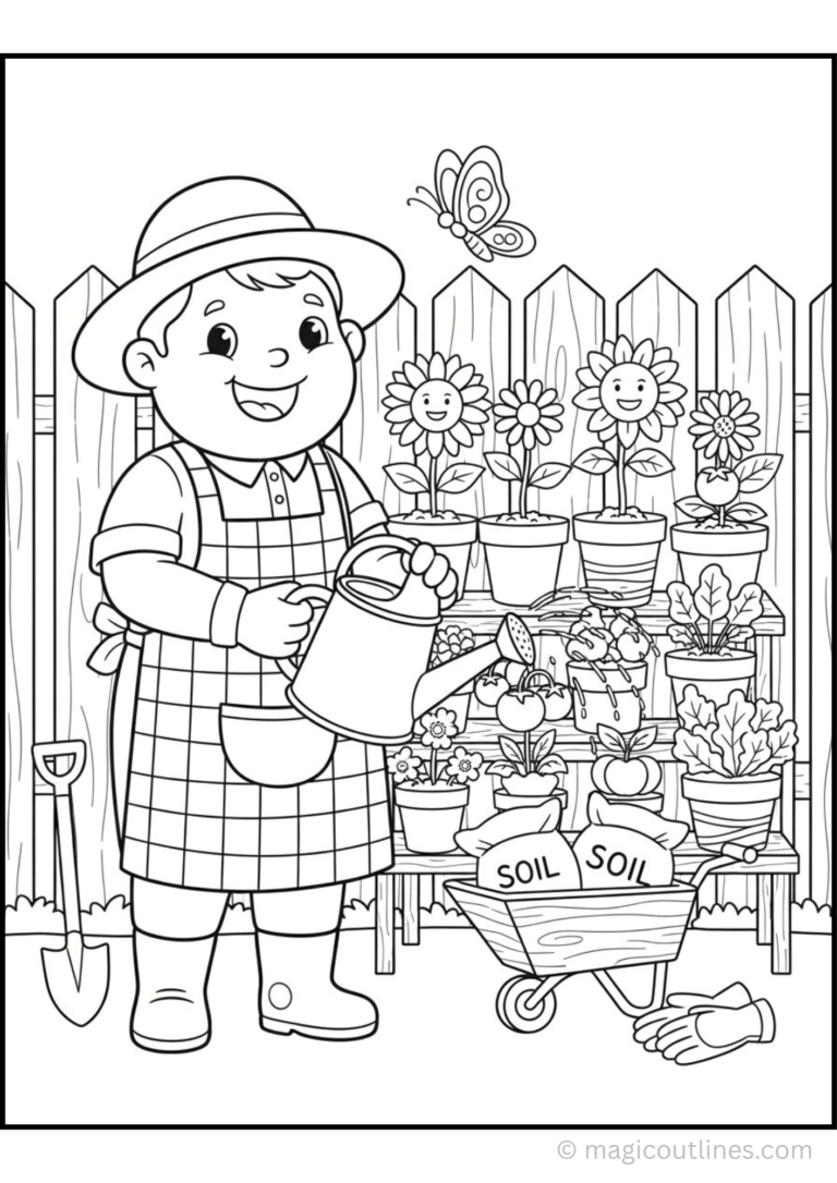 Gardener coloring page featuring a smiling gardener watering flowers and plants in a beautiful garden, free printable PDF for kids.