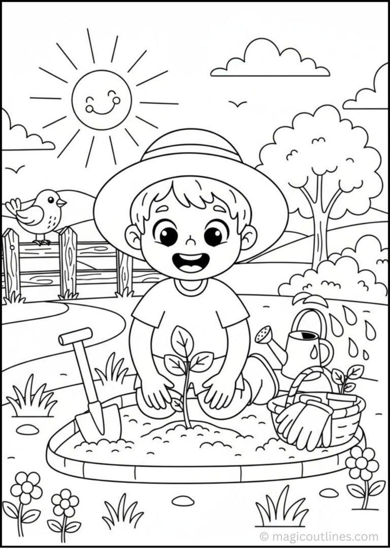 Gardening coloring page showing a happy child planting a seed with a shovel, watering can, flowers, trees, and a bird