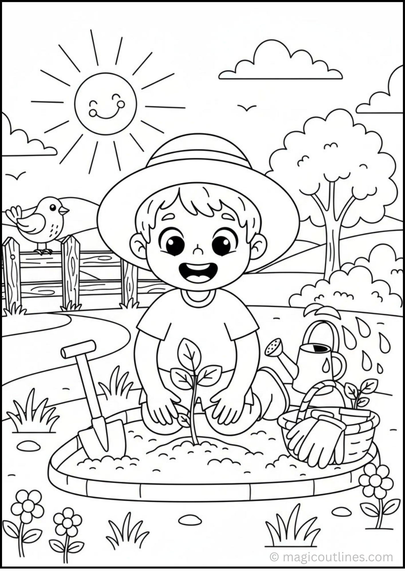 Gardening coloring page showing a happy child planting a seed with a shovel, watering can, flowers, trees, and a bird