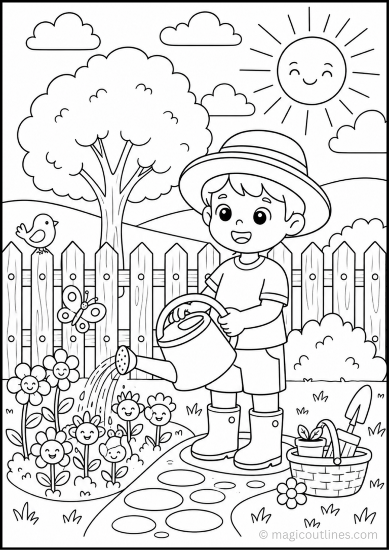 Gardening Coloring Page (Free Printable PDF) showing a child watering flowers in a garden with a tree, fence, butterfly, bird, gardening tools, and stepping stones