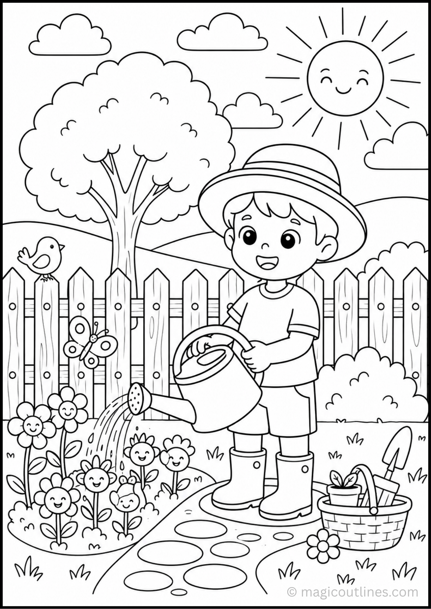 Gardening Coloring Page (Free Printable PDF) showing a child watering flowers in a garden with a tree, fence, butterfly, bird, gardening tools, and stepping stones