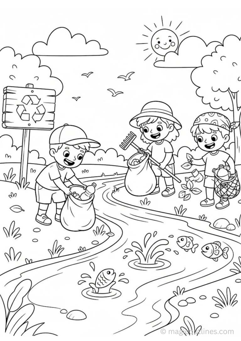 Download free save earth coloring page for kids printable showing children cleaning a river bank and protecting nature. Fun environmental learning activity.