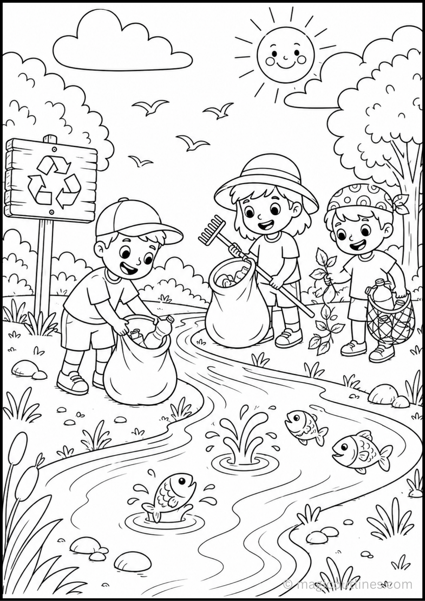 Kids cleaning river coloring page shows river with trash bags and recycling supplies in a nature scene
