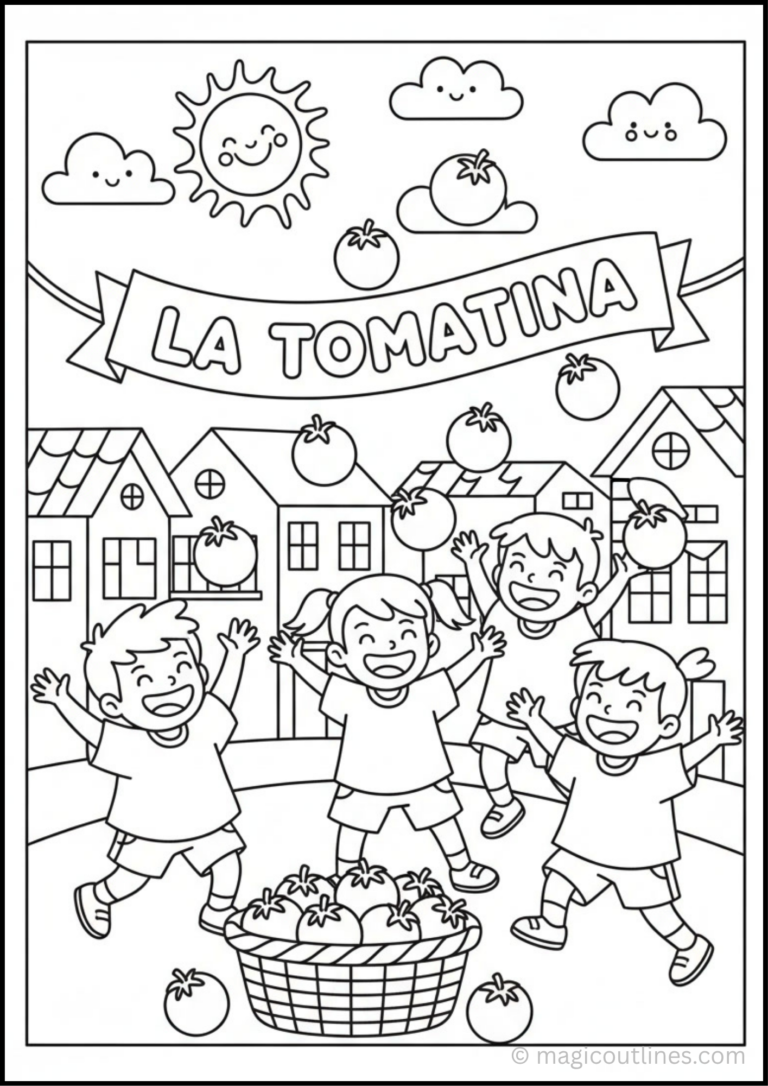 La Tomatina Festival coloring page featuring two bulls, festival spectators, Spanish buildings, colorful banners, clouds, and a sunny sky.