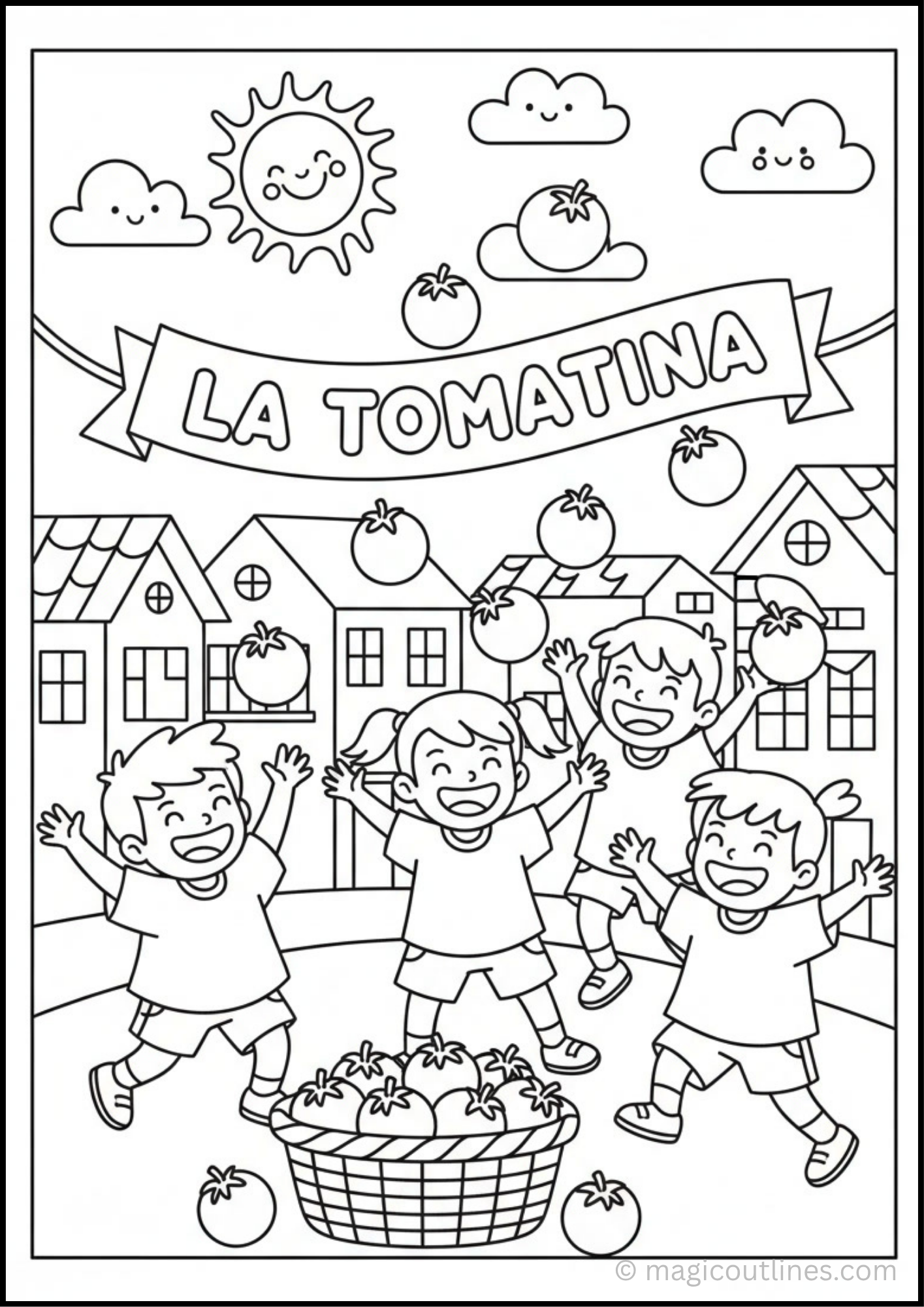 La Tomatina Festival coloring page featuring two bulls, festival spectators, Spanish buildings, colorful banners, clouds, and a sunny sky.