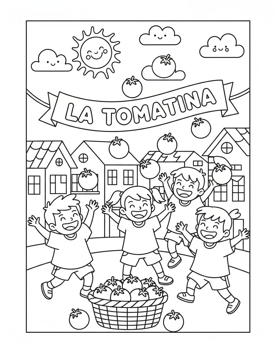 la tomatina festival coloring page with kids throwing tomatoes in Spanish street scene printable