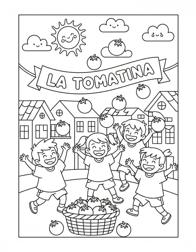la tomatina festival coloring page with kids throwing tomatoes in Spanish street scene printable