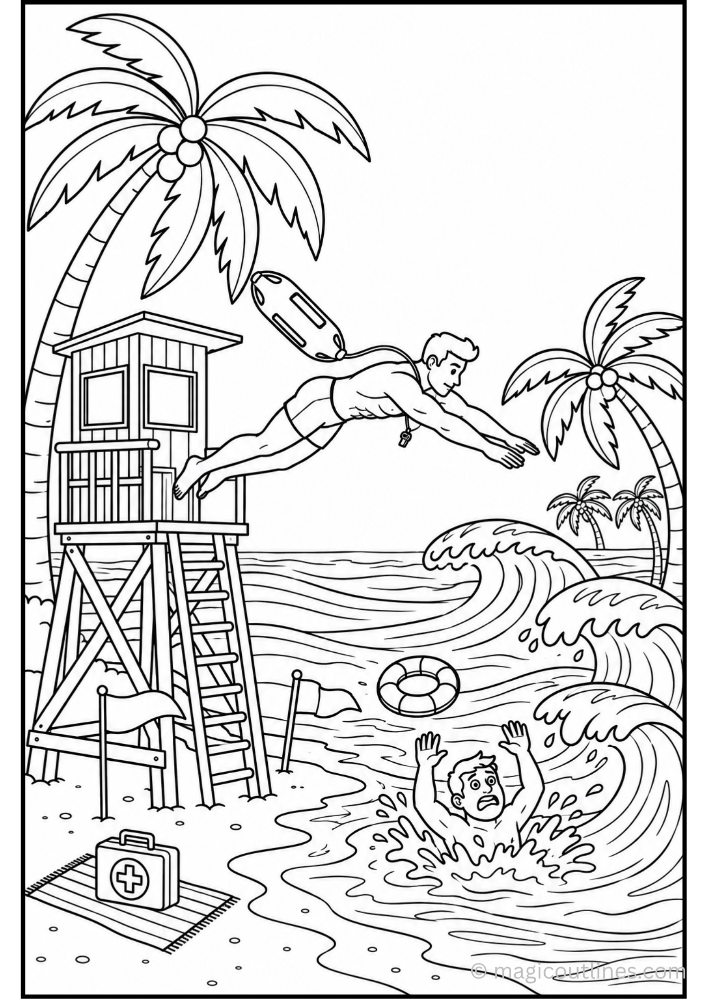Lifeguard rescuing a swimmer in ocean waves with a lifeguard tower, palm trees, and rescue equipment