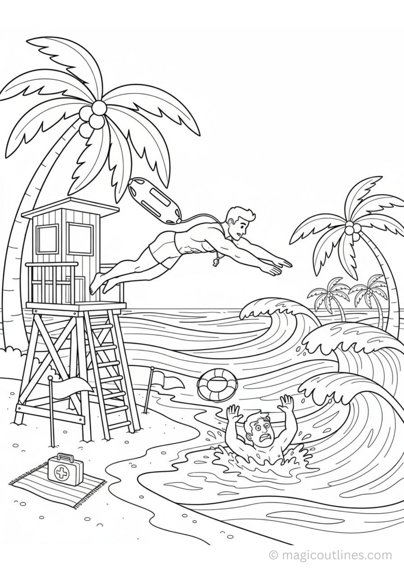 Lifeguard rescuing swimmer from ocean waves beach safety coloring page for kids