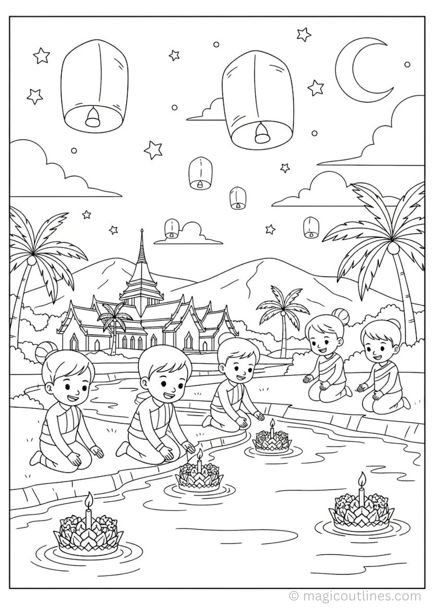 Loy Krathong coloring page with children floating krathongs and lanterns in Thailand festival scene