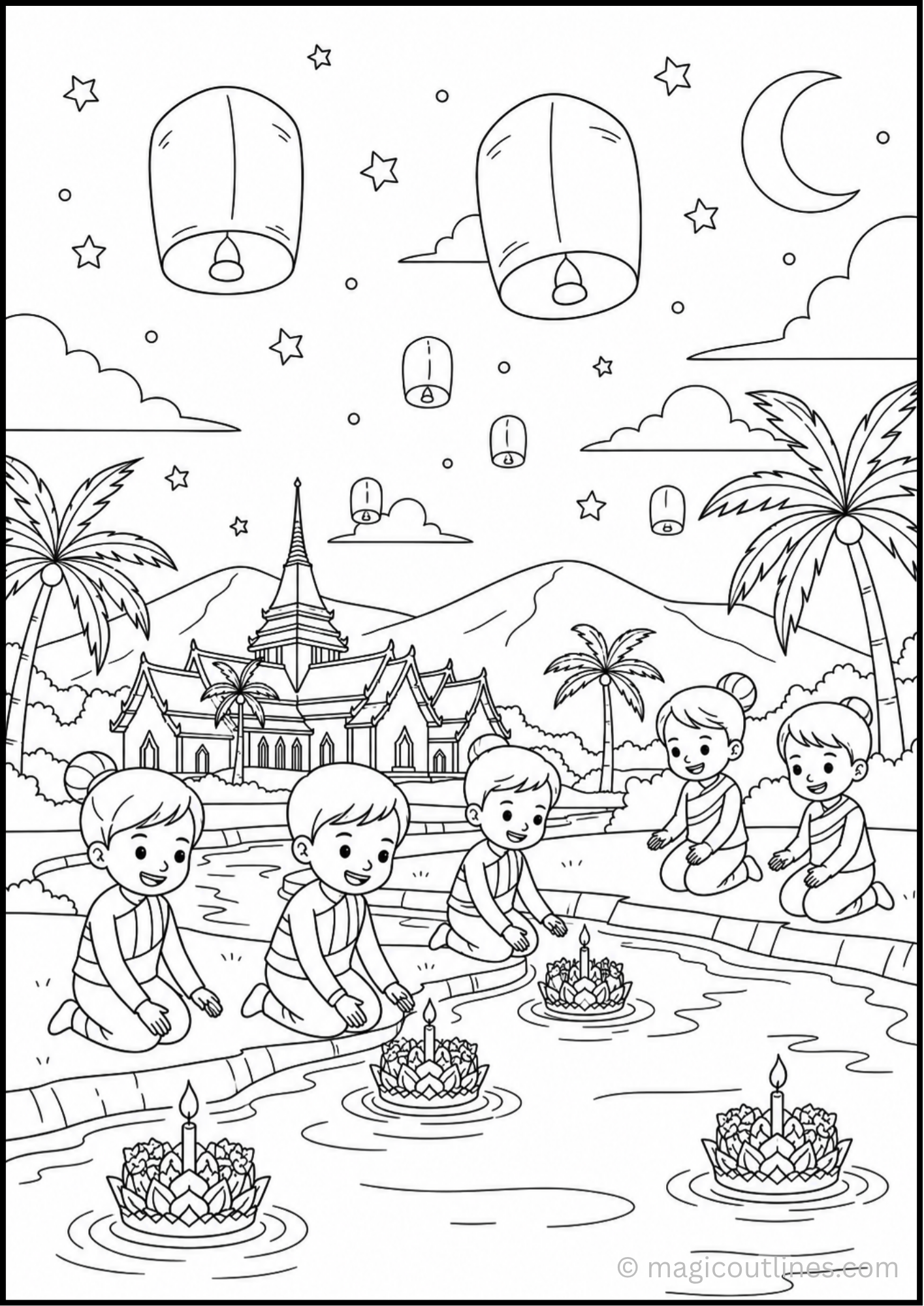 Loy Krathong Festival coloring page featuring children floating decorated krathongs on water under a moonlit sky