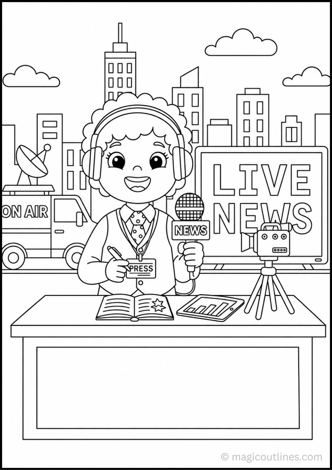 News Reporter Coloring Page featuring a young TV reporter with a microphone, news camera, and live news studio.