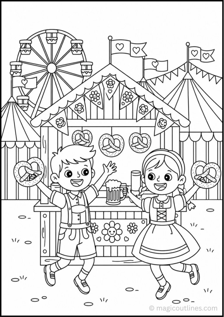 Oktoberfest coloring page with children, pretzels, festival booth, flags, and Ferris wheel