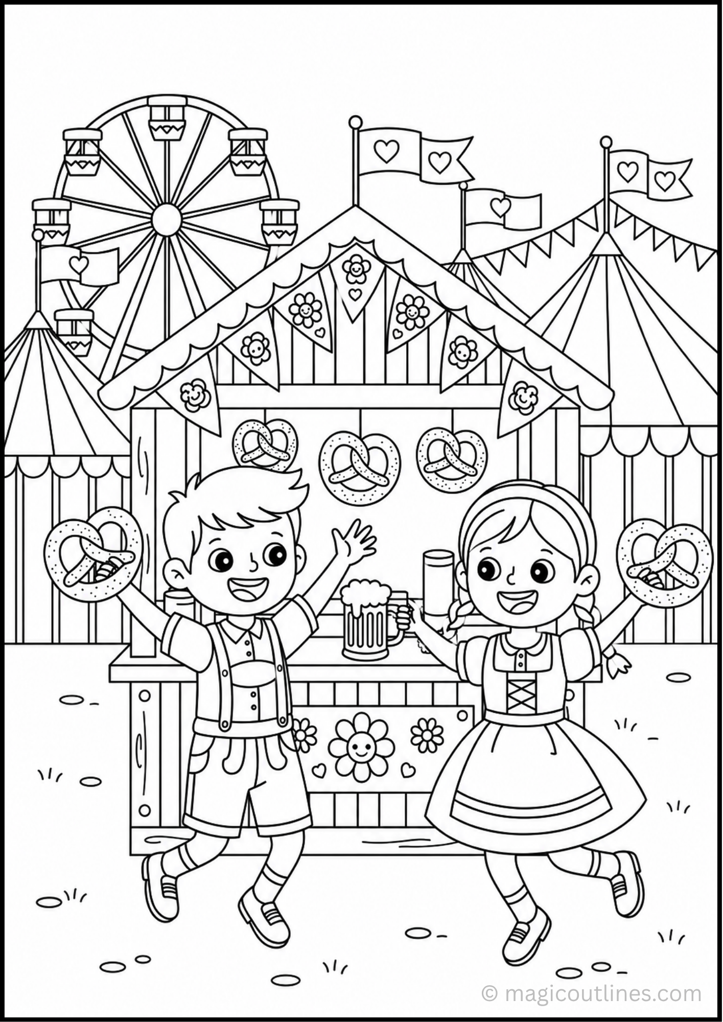 Oktoberfest coloring page with children, pretzels, festival booth, flags, and Ferris wheel