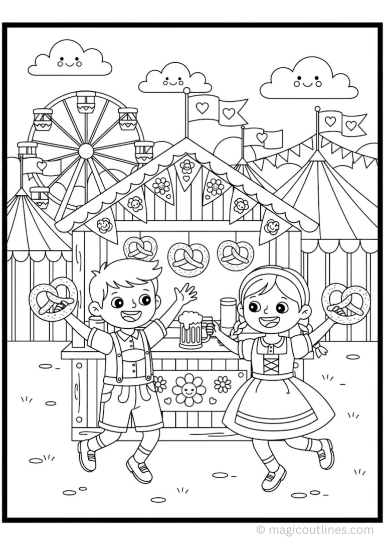 Download free Oktoberfest coloring pages for kids in printable PDF format. Fun festival coloring sheets with traditional German costumes, pretzels, and fair scenes for children.
