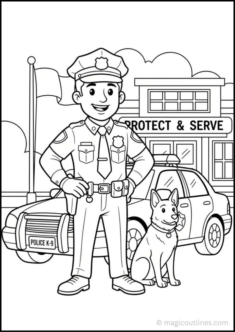 Police officer coloring page showing a friendly police officer at work