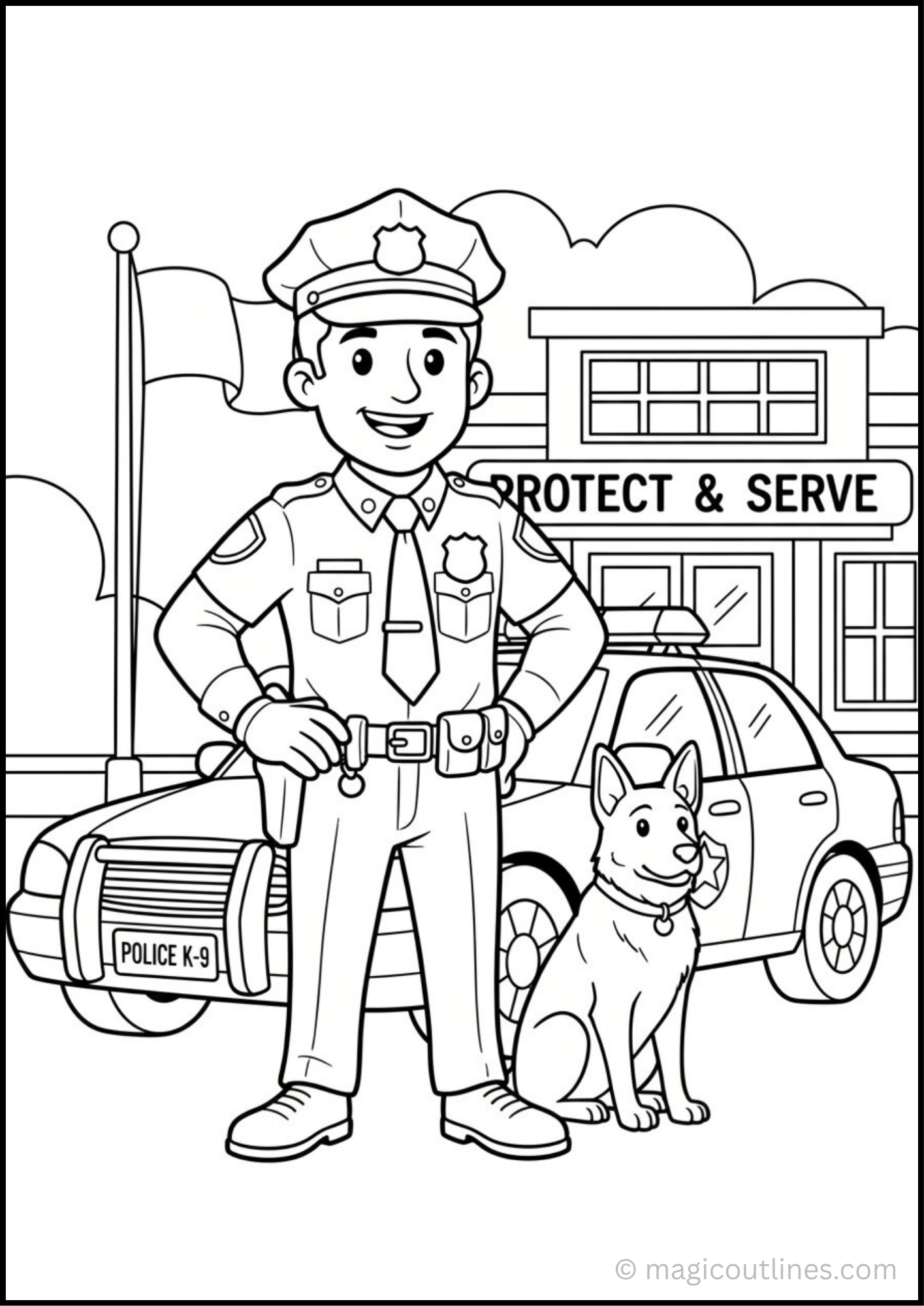 Police officer coloring page showing a friendly police officer at work
