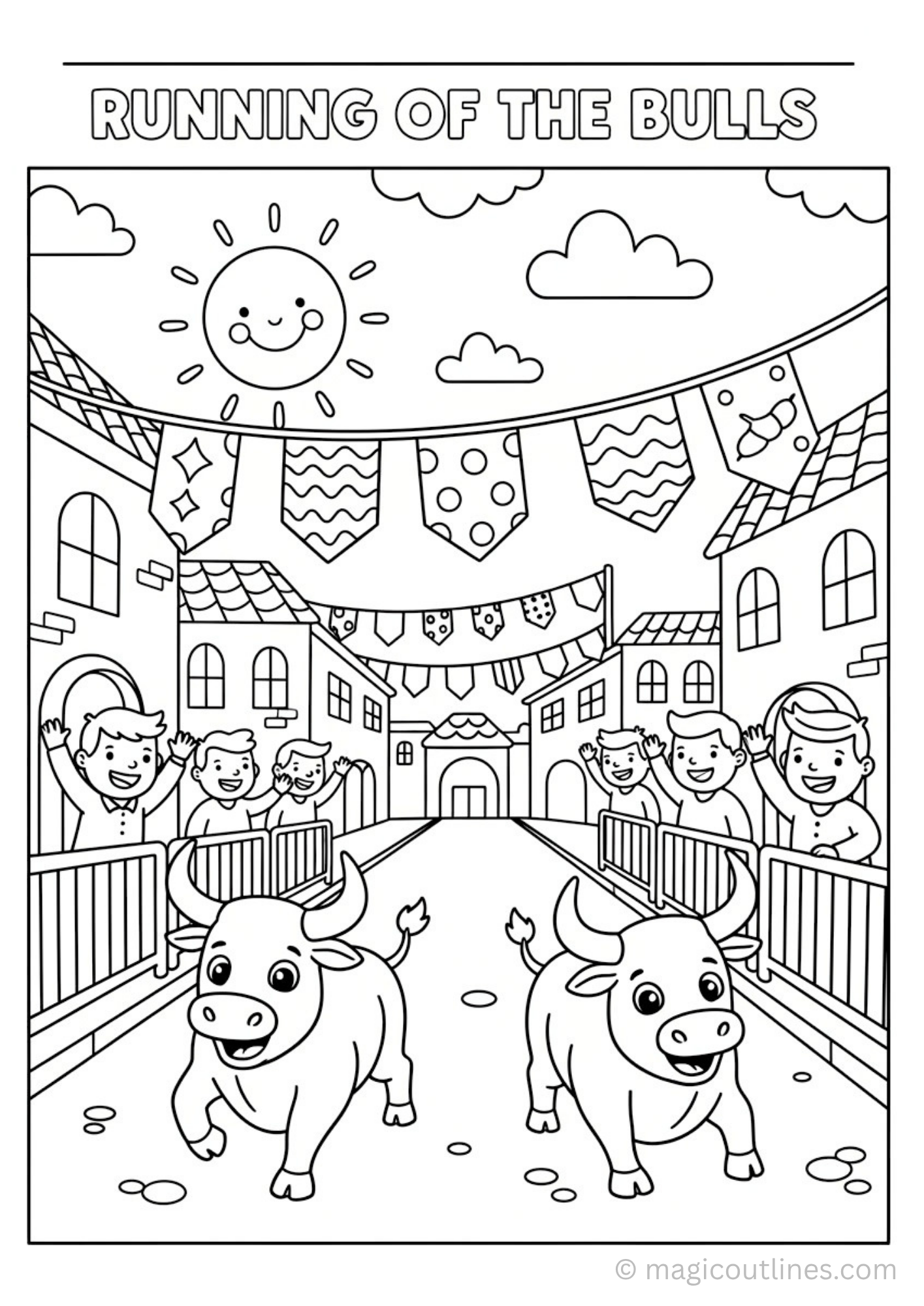 Running of the bulls coloring page with cute bulls and festival street scene for kids