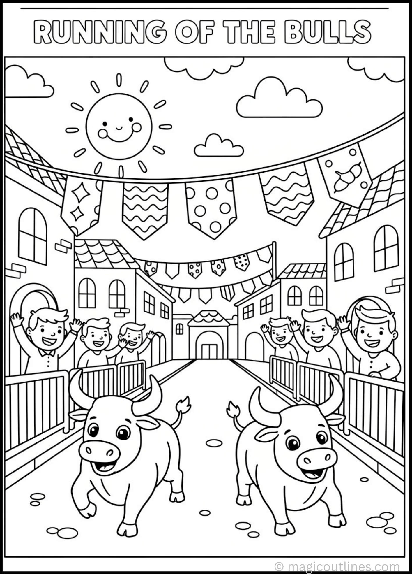 San Fermín Festival coloring page with two bulls running through a decorated Spanish street while children watch from behind barriers