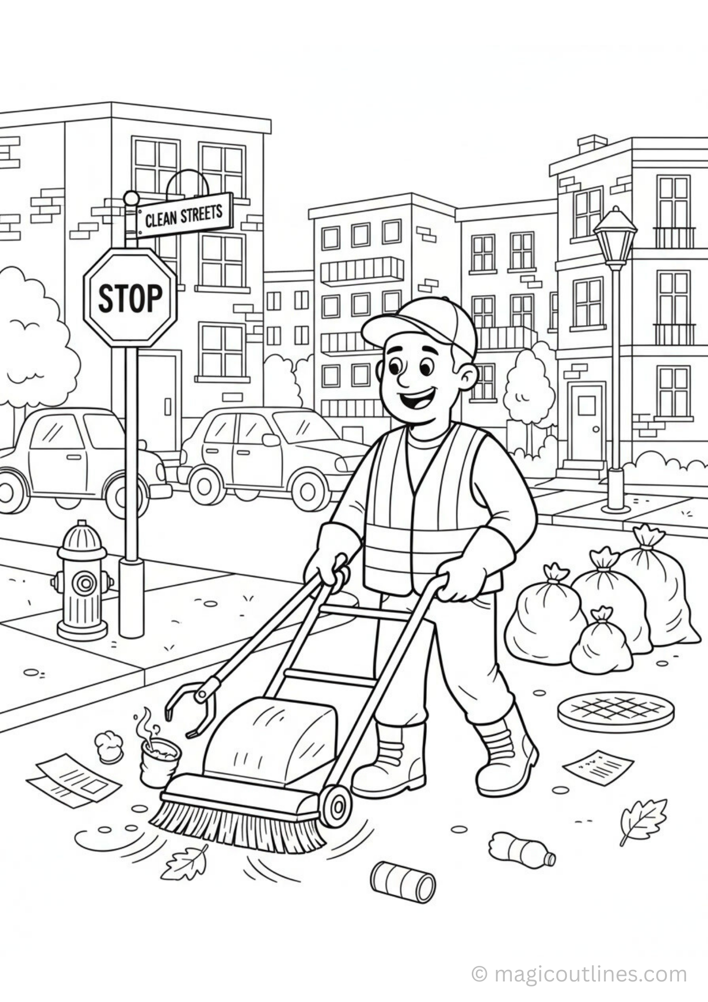 sanitation worker coloring page street cleaner sweeping road