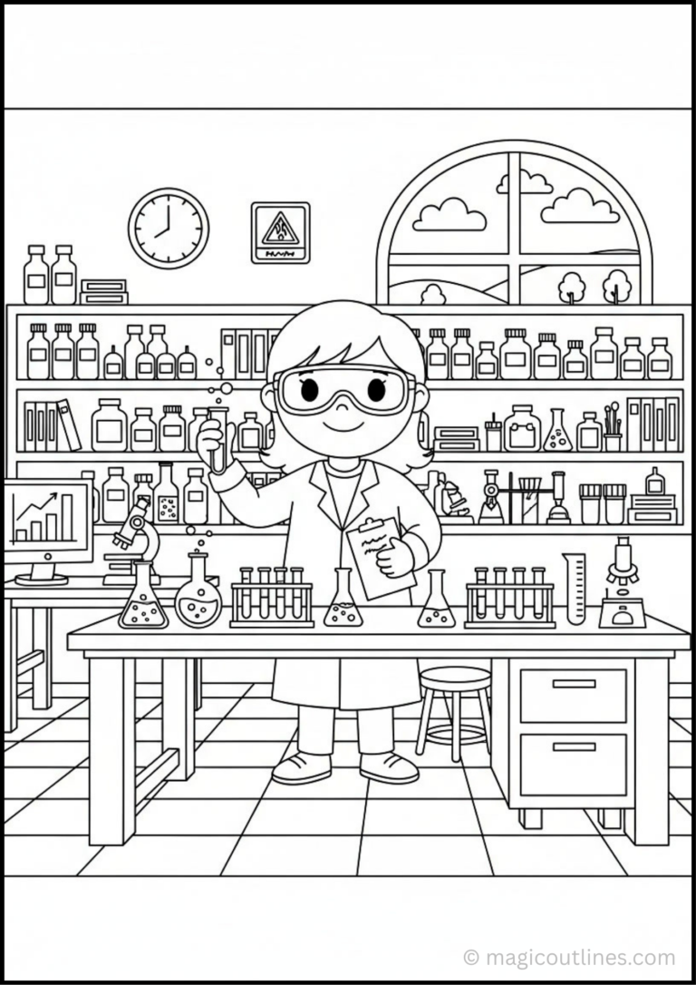 Scientist coloring page with a friendly scientist working in a laboratory, free printable PDF for kids.