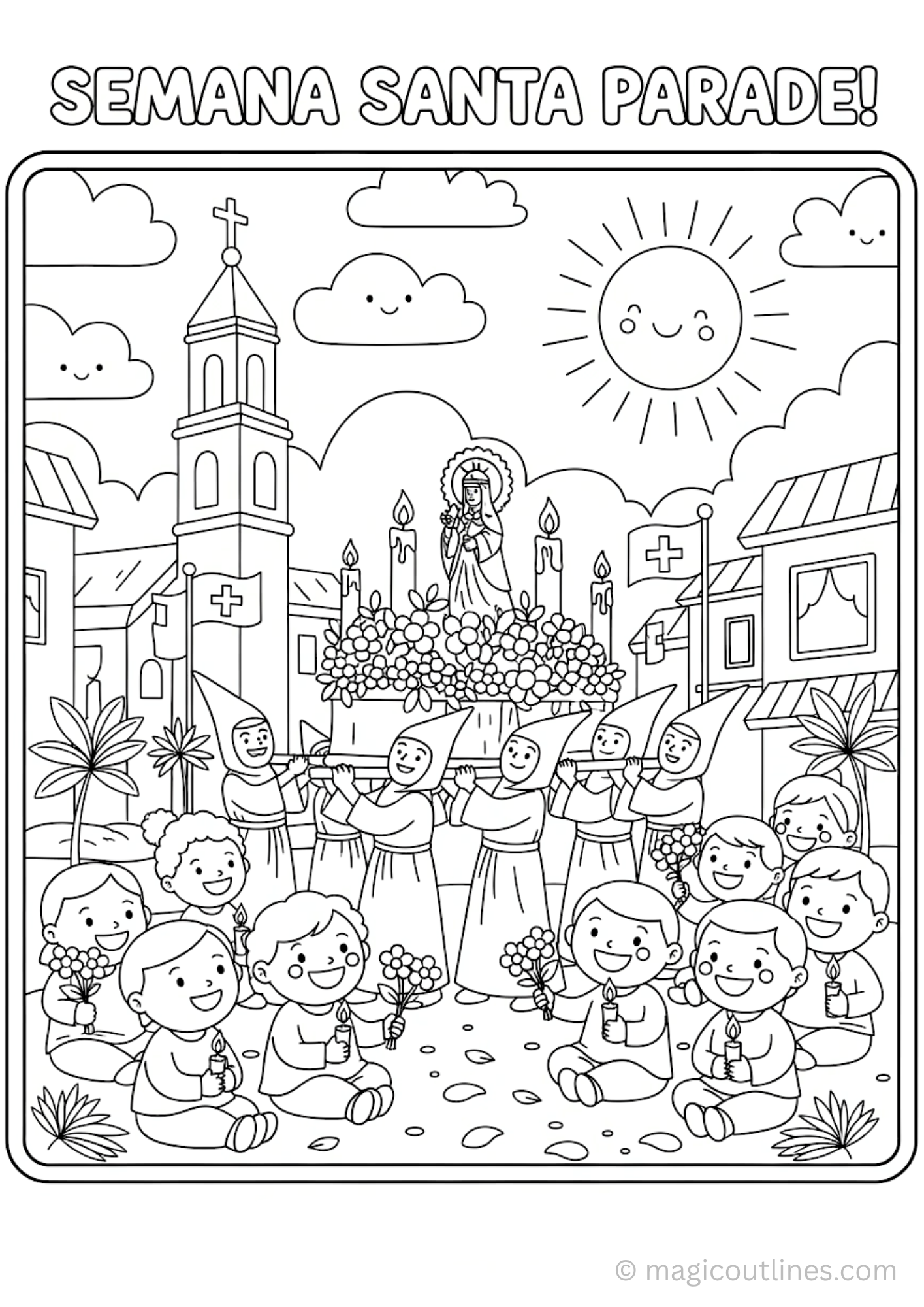 Semana Santa parade coloring page with church, candles, and people carrying religious float for kids