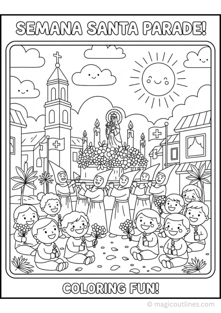 Semana Santa Parade Coloring Page featuring a Holy Week procession with a decorated flower float, church, candles, children, and parade participants.
