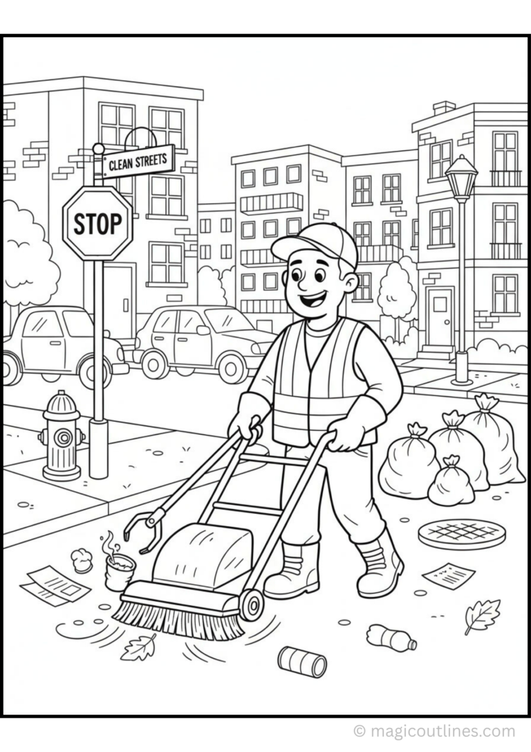 Street Sweeper Coloring Page featuring a community helper cleaning a city street with a street sweeping machine, buildings, traffic signs, and litter bins.