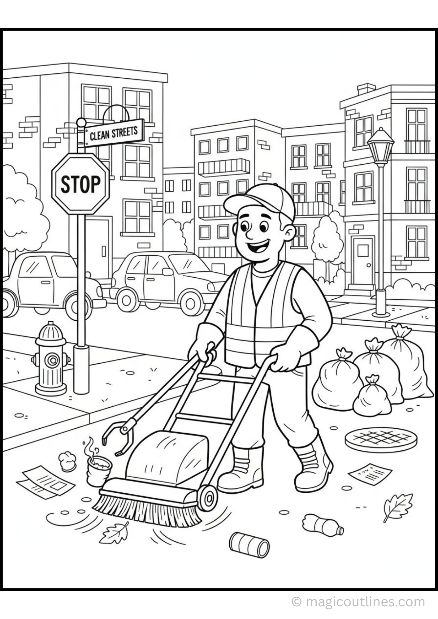 Street Sweeper Coloring Page featuring a community helper cleaning a city street with a street sweeping machine, buildings, traffic signs, and litter bins.