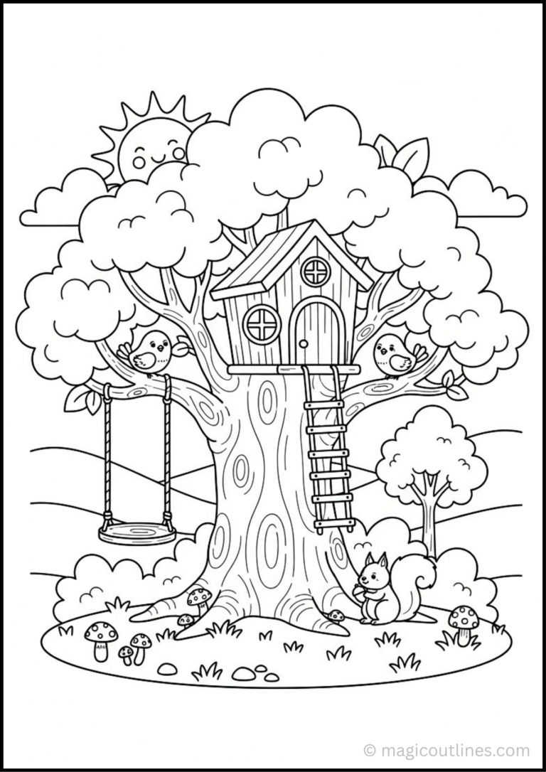 Tree house coloring page with birds, swing, squirrel, mushrooms, trees, and a sunny background