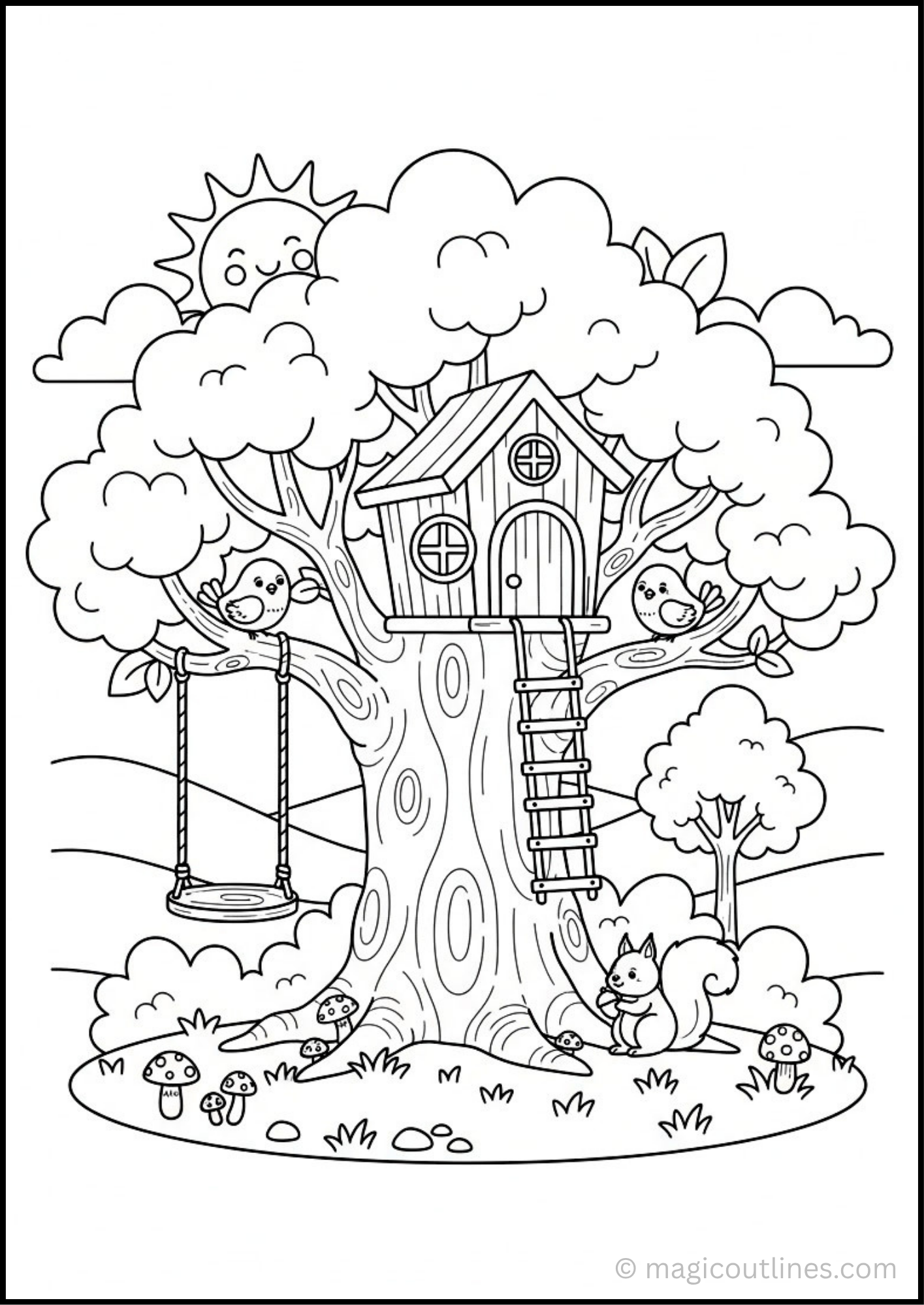 Tree house coloring page with birds, swing, squirrel, mushrooms, trees, and a sunny background