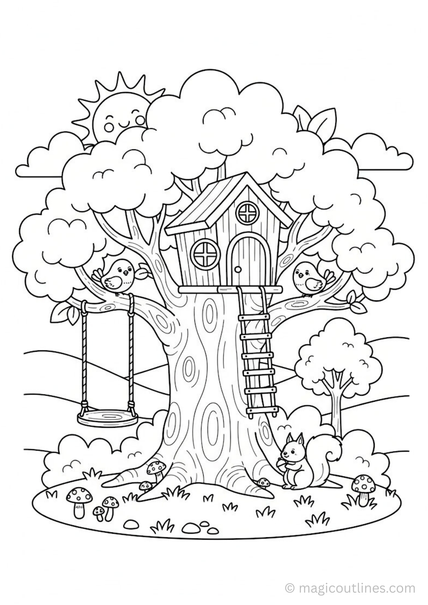 tree house coloring page for kids printable forest scene