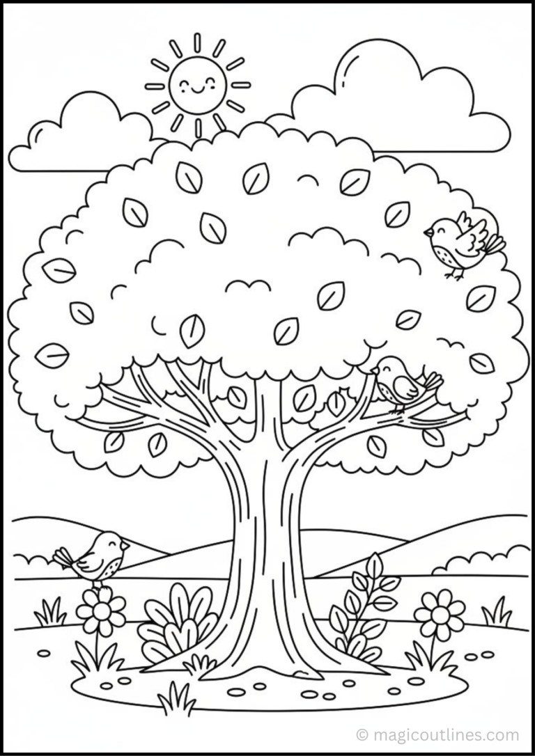 Tree with Birds Coloring Page featuring a large leafy tree, cute birds, flowers, hills, clouds, and a smiling sun
