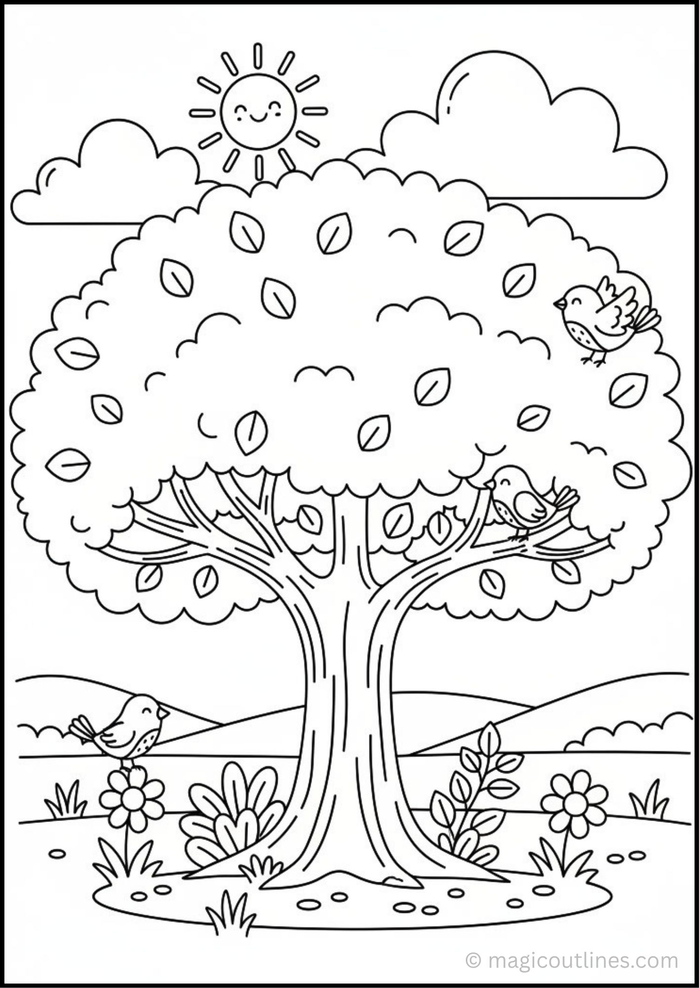 Tree with Birds Coloring Page featuring a large leafy tree, cute birds, flowers, hills, clouds, and a smiling sun