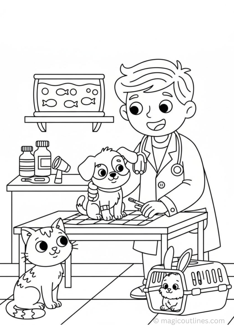 veterinarian coloring page vet doctor checking puppy with cat and rabbit
