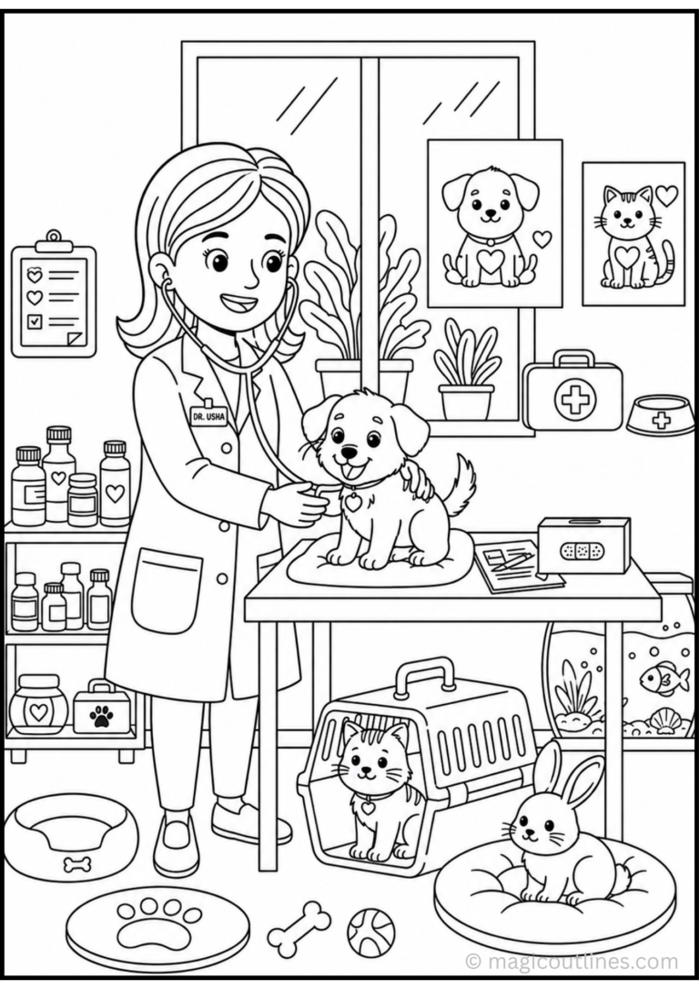 Veterinarian coloring page featuring a caring animal doctor treating a cute pet in a veterinary clinic.