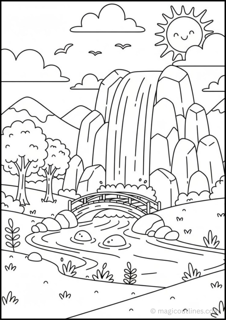 Free printable waterfall mountain landscape coloring page featuring a large waterfall, mountains, flowing river, wooden bridge, trees, rocks, grass, clouds, birds, and a cheerful sun.