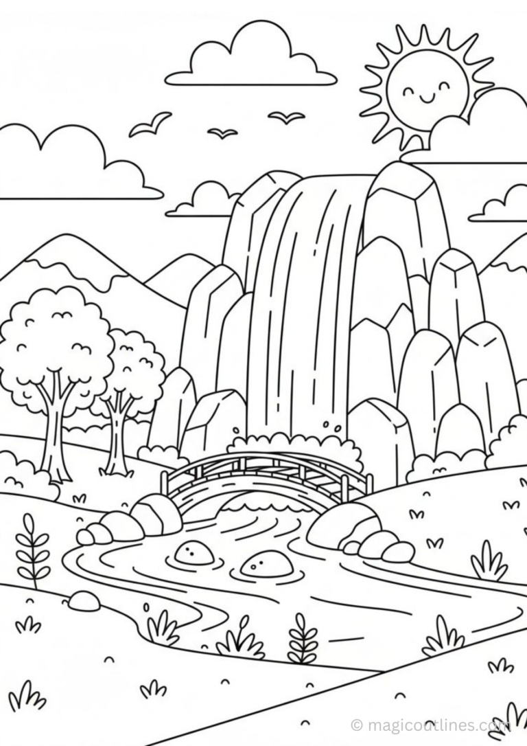 Download free waterfall landscape coloring page printable for kids featuring mountains, river, bridge and trees. Fun nature learning coloring activity.