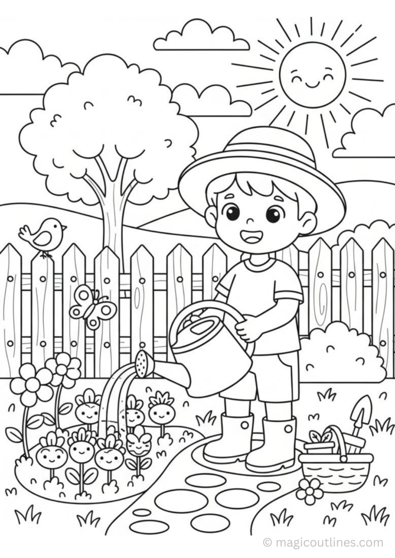 watering plants coloring page for kids printable garden scene