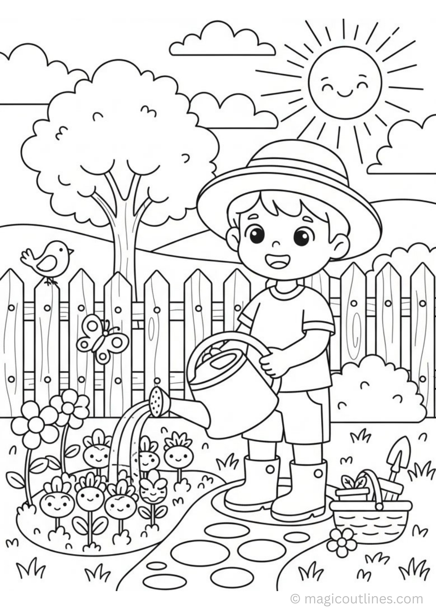 watering plants coloring page for kids printable garden scene