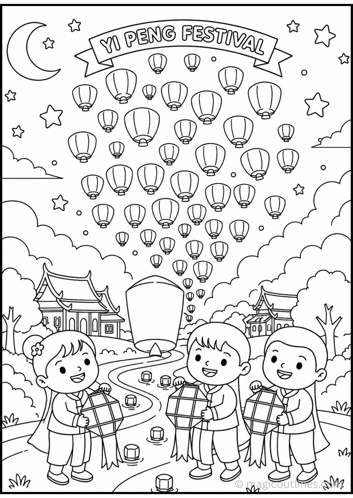 Yi Peng Lantern Festival coloring page with children holding lanterns, floating sky lanterns, Thai-style temples, stars, clouds, and a crescent moon.