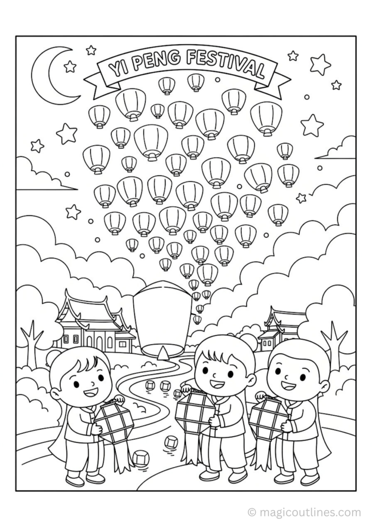 Yi Peng Lantern Festival coloring page with floating sky lanterns and temple scene printable for kids