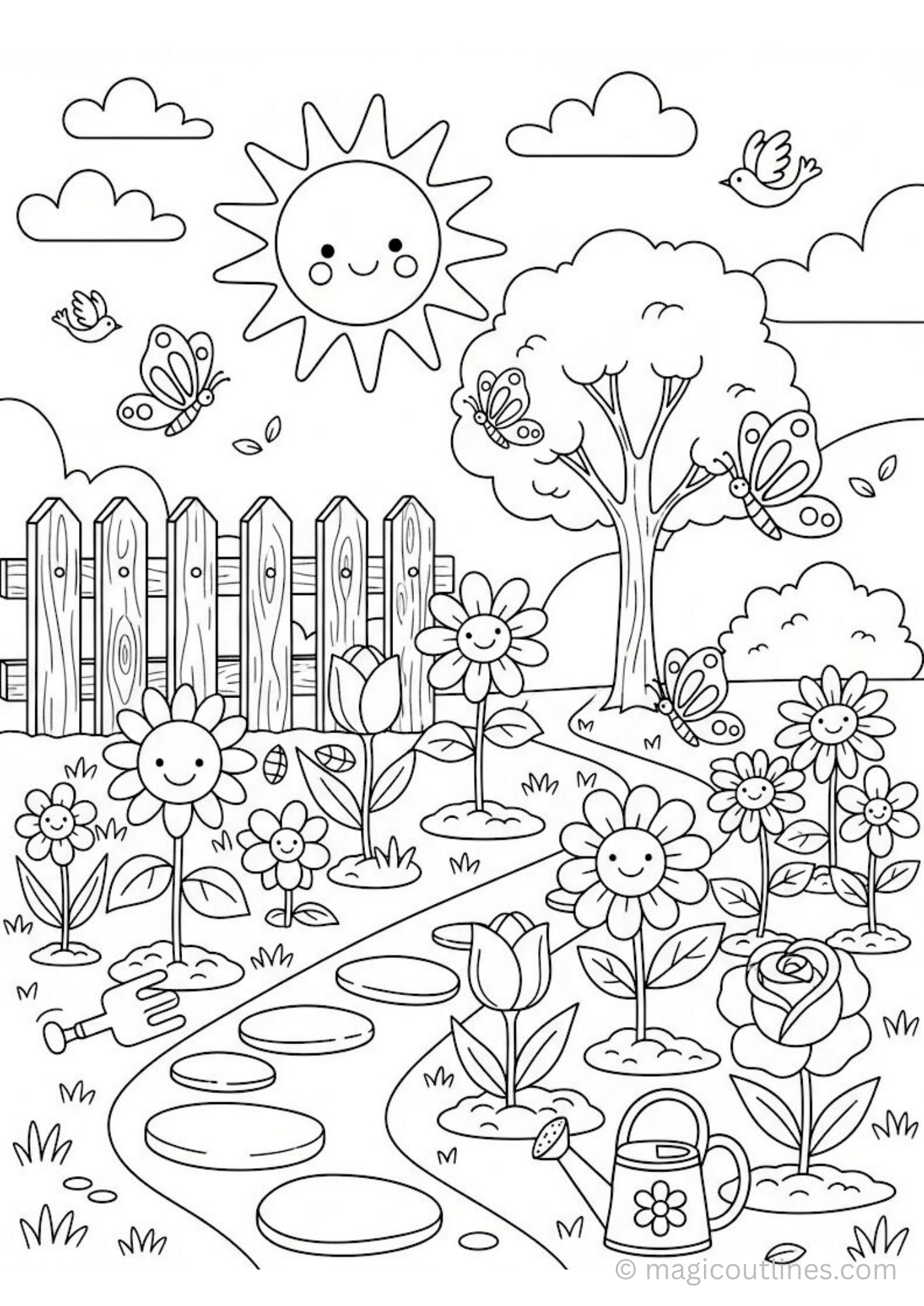 flower garden coloring page for kids printable with butterflies