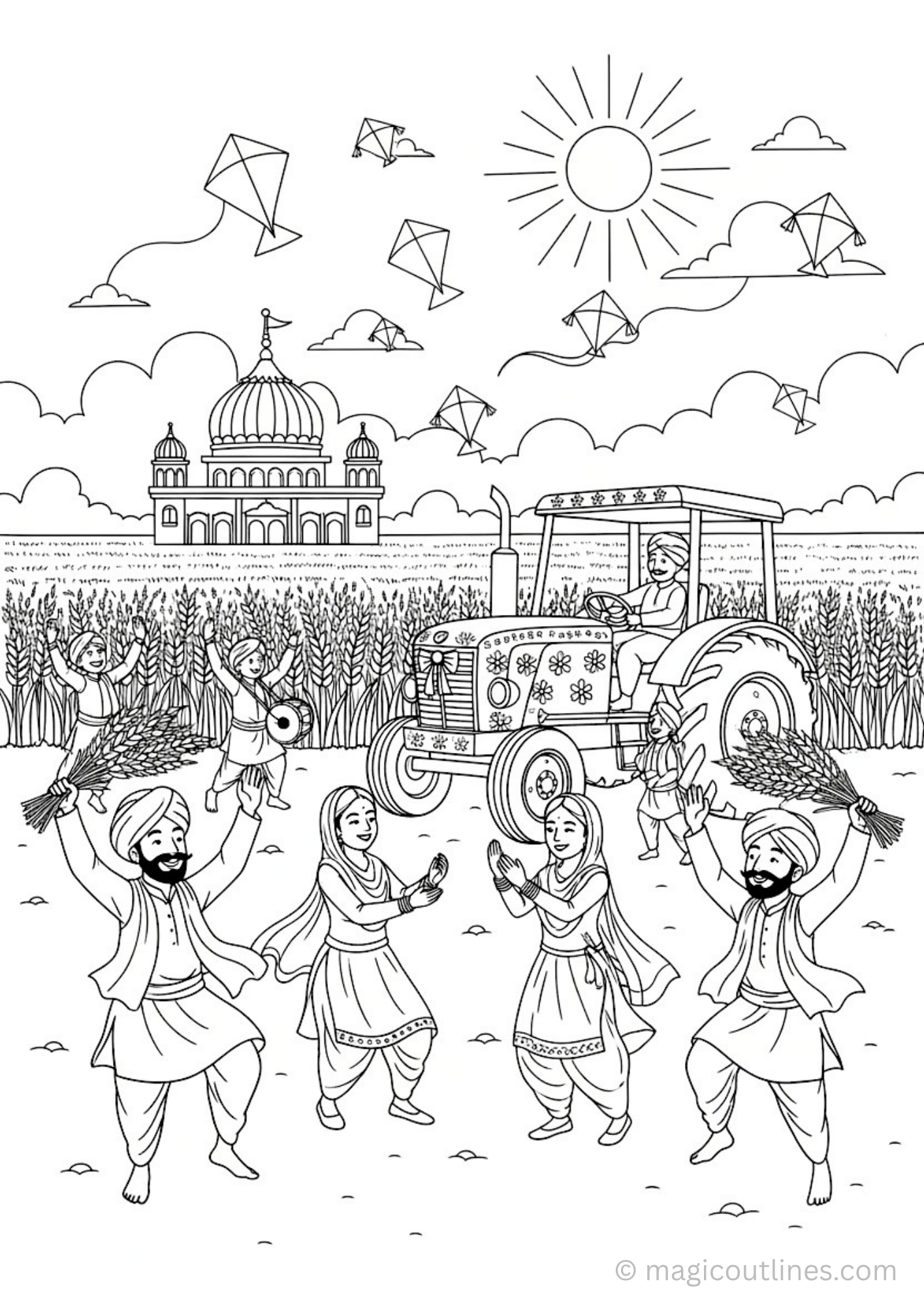 Baisakhi coloring pages for kids with bhangra dance and wheat harvest scene