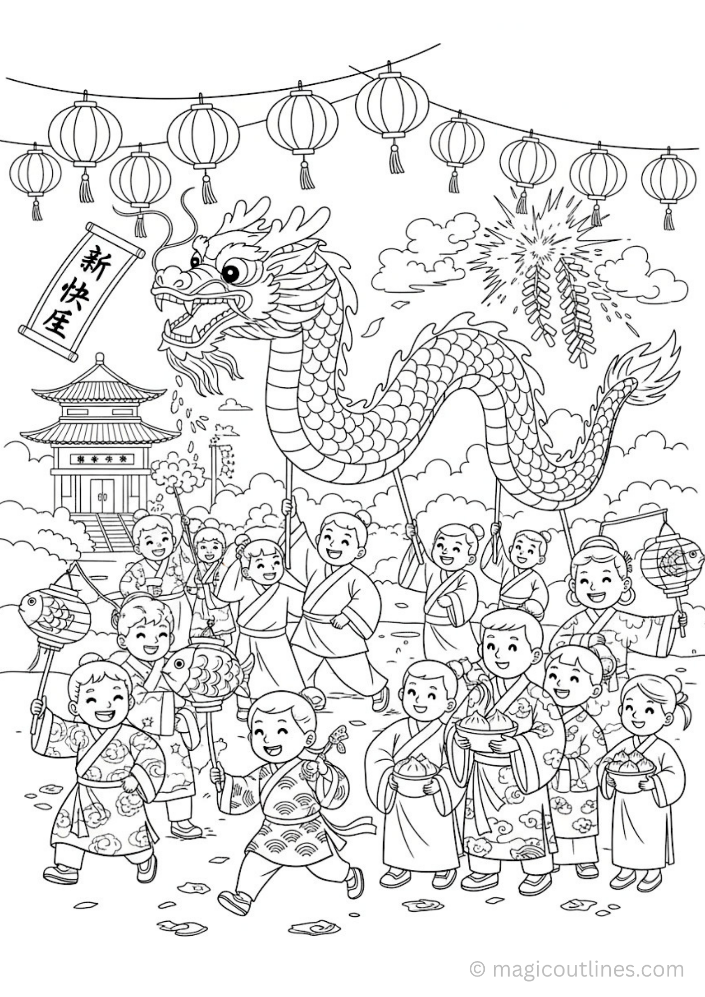 Chinese New Year Coloring Page dragon dance kids lanterns printable