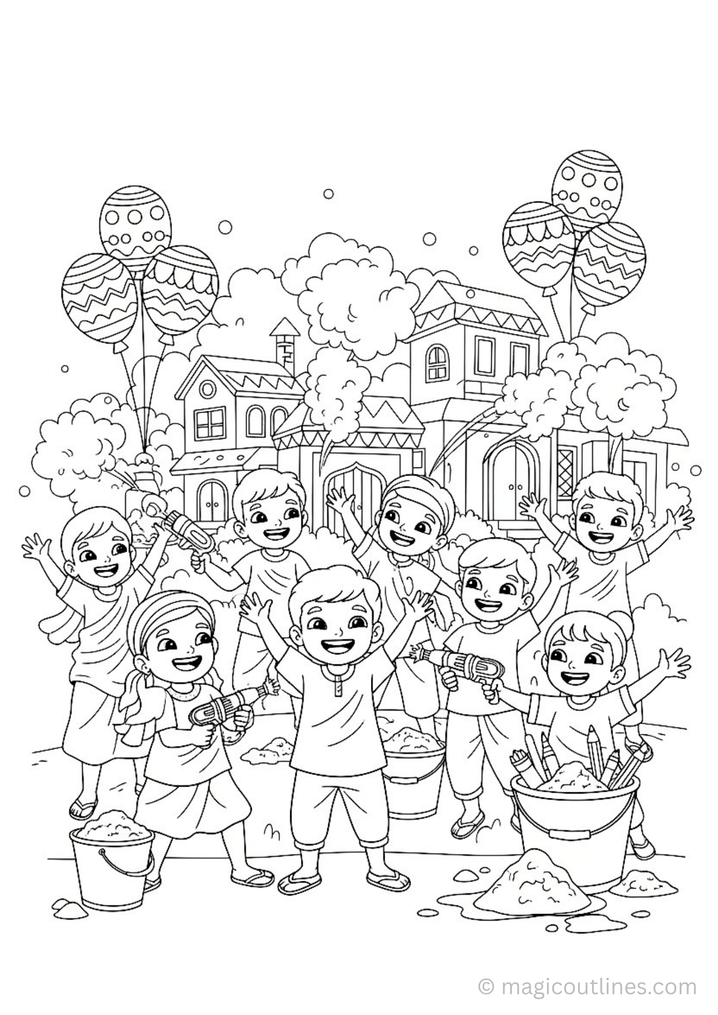 Holi coloring pages for kids playing with pichkari and colors