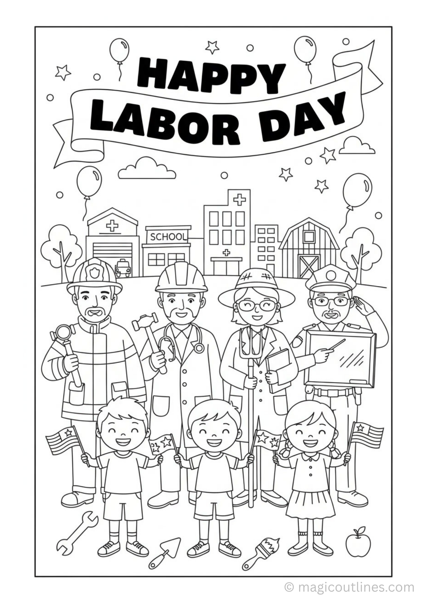 Labor Day coloring page workers kids printable